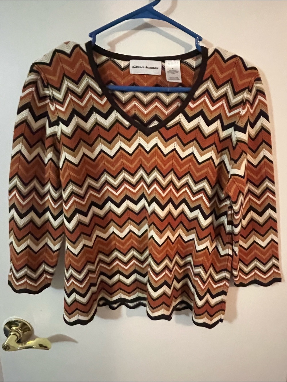 Alfred Dunner medium Chevron Knit V-Neck Women's Top - Rust brown cream